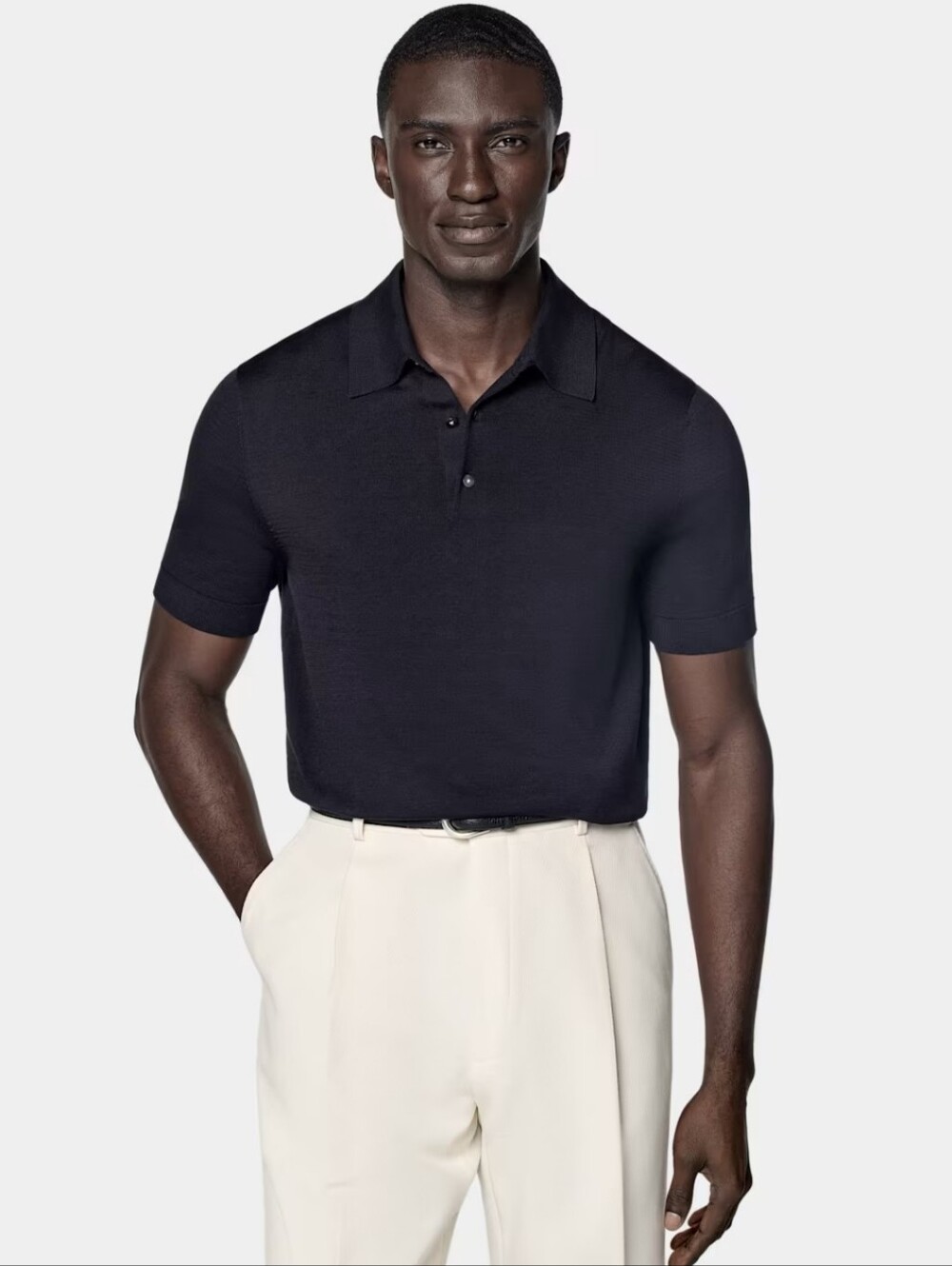 SuitSupply Silk Cotton Short Sleeve Knit Polo Shirt Sweater Navy Blue EUC Size M